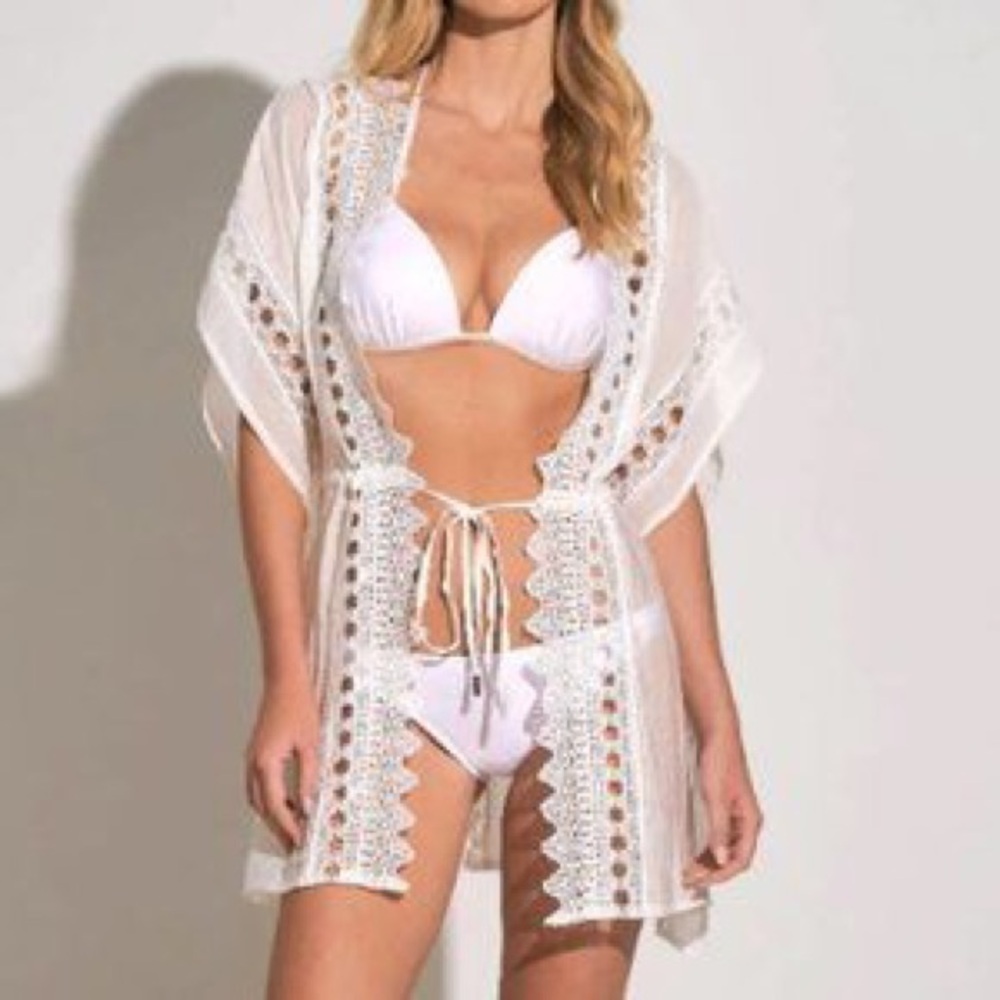 Elan White Lace Swim Coverup Kimono